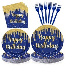96Pcs Blue and Gold Birthday Party Decorations, Serves 24