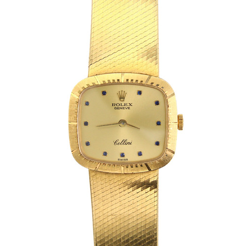 Rolex Cellini Ladies Gold Dial Blue Sapphire Index Markers 18K Yellow Gold