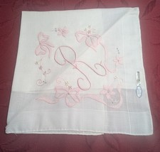 EXCEPTIONAL VINTAGE MADEIRA HANDKERCHIEF MONOGRAMMED R PINK ON WHITE NWT