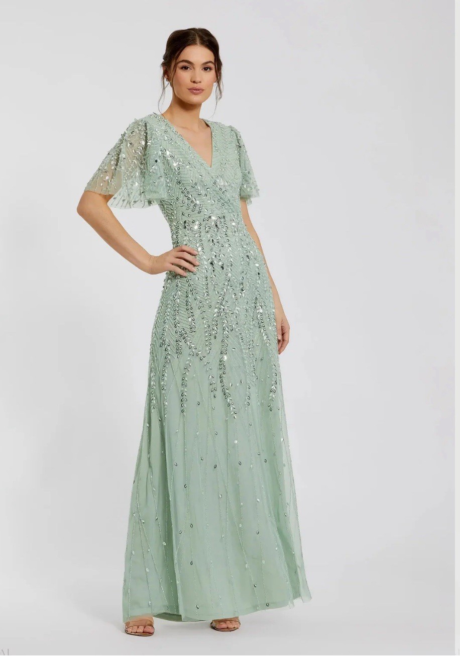 Mac Duggal Green/ Sage Beaded Wrap Over Butterfly Sleeve Column Gown Size 4