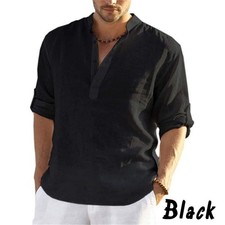 Men Cotton Linen Henley Shirts Button Down Loose Casual Grandad Blouse Tops Plus
