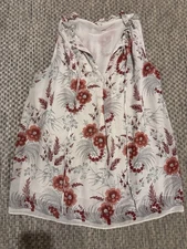 Max Studio Womans Ruffle Tie Neck Red & White Floral Tank Blouse Lined Sz Medium