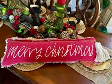 New Large Mud Pie Red Oblong Merry Christmas Pillow with tassels New