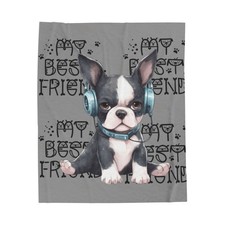 Cute Boston Terrier with Headphones Velveteen Blanket