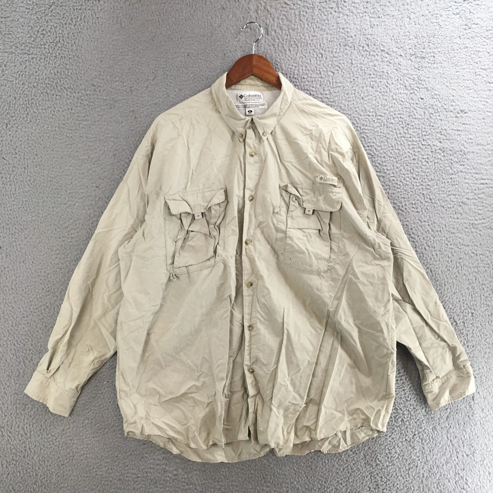 Columbia PFG Fishing Shirt Men XL Long Sleeve Button Front Vented Nylon Beige