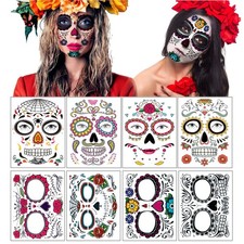 Temporary Face Tattoo, 8 Kits Tattoos Sugar Skull Stickers Day of Large, Rose
