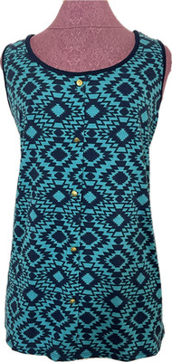 Lavish Women s Teal Navy Tribal Print Sleeveless Top Lace Back Faux Buttons 1X
