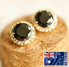 Women's 18K Gold GF 14MM Black Element Crystal Stud Earrings / Clip Earrings