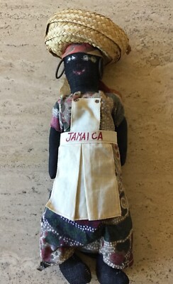 BEAUTIFUL OLD JAMAICA HANDMADE & PAINTED FOLK ART DOLL W/EARRINGS & FRUIT IN HAT