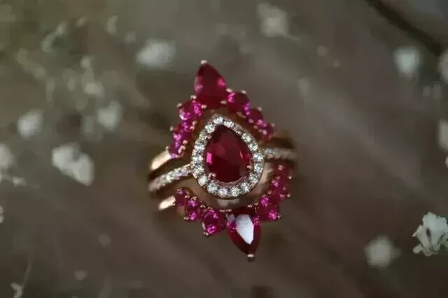 2Ct Pear Cut Simulated Pink Ruby Engagement Trio Ring Set 14K Rose Gold Plated