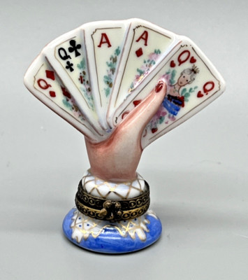 Limoges Enamel Trinket Box By Chanille Woman Hand Poker Full House Peint Main