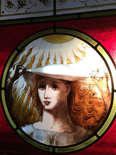 Antique Stained Glass Window Sun Solar Woman Flowing Blond Hair Hand Painted - Picture 12 of 22