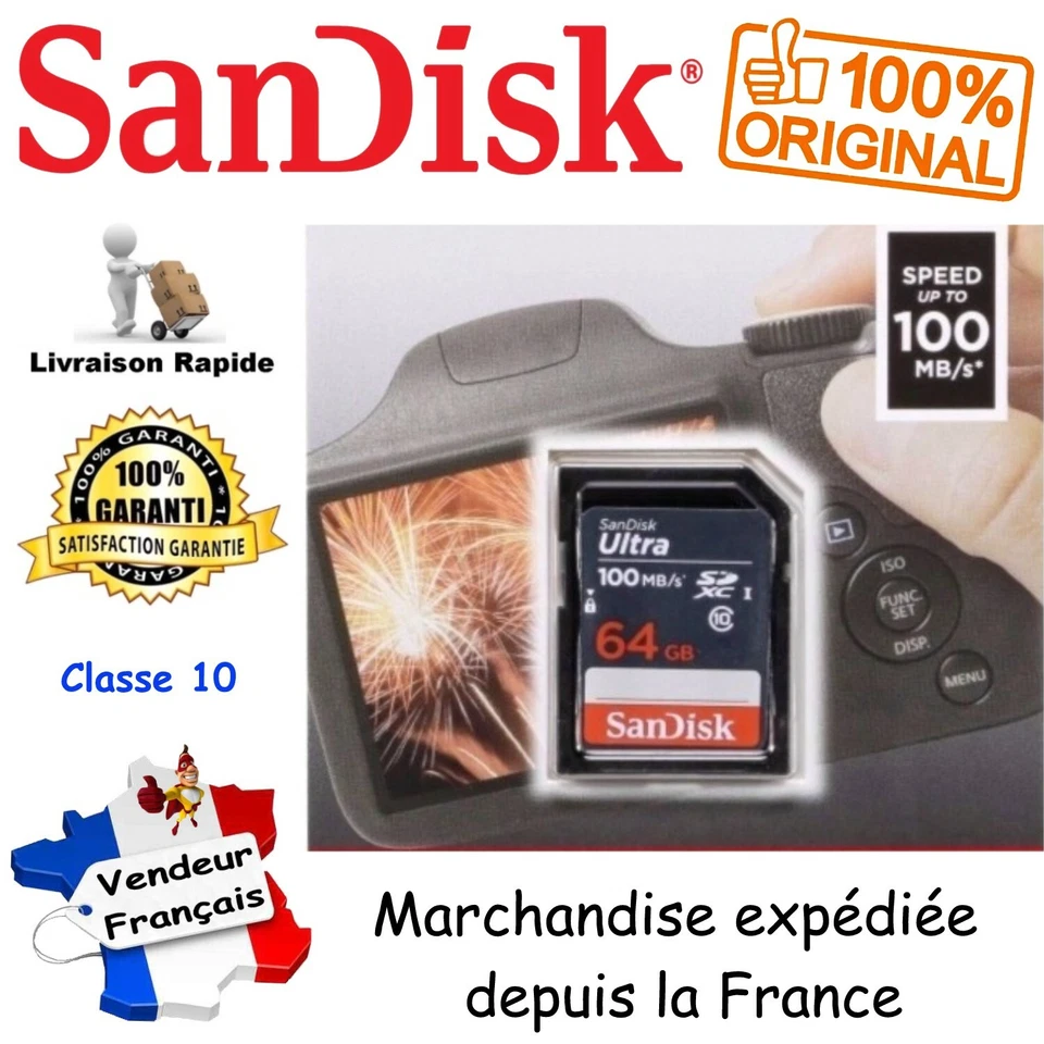 SANDISK Carte Mémoire SD SDXC 64 Go - Gamme Ultra Lite 100 Mo/s UHS-I Classe 10 - Photo 1/1