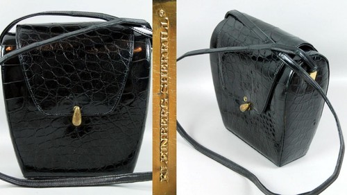 Rare KLEINBERG SHERRILL Black Crocodile Leather Box Shoulder Bag Purse Handbag