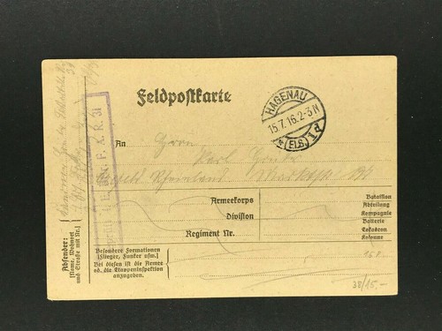 Feldpostkarte I.WK Hagenau Elsaß 15.7.1916