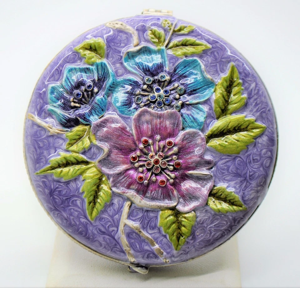 Cartera Doble Compacta Espejo Colorido Flor Estilo Redondo Púrpura Crema Base Foto 2 de 3