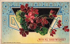 With All Good Birthday Wishes Embossed Gilt Flowers Heymann c1907 Postcard D504