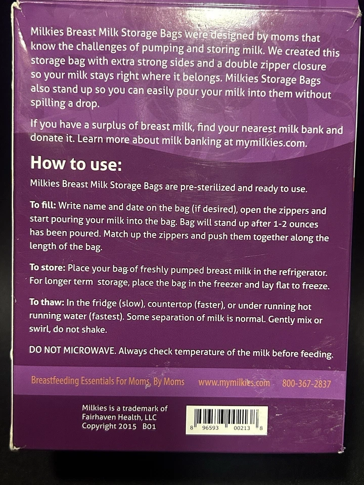 Milkies.Bolsas de almacenamiento de leche materna.Duraderas y a prueba de fugas. 50 bolsas de almacenamiento.Nuevas Foto 4 de 4