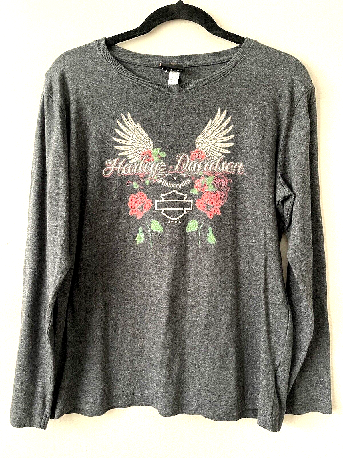 HARLEY DAVIDSON Womens T-Shirt Sz LG Las Vegas with Rhinestones Wings & Roses