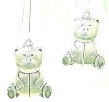 New Wonderful Two-sided TEDDY BEAR Silver-tone Drop Dangle Earrings 1-7/8" Long