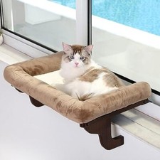 Cat Perch for Window Sill with Bolster - Dark Stained Wood w/ Gray Bed