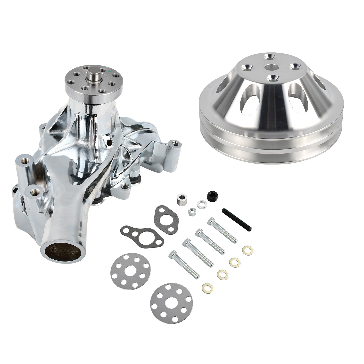 Long Water Pump SB Chevy Chrome 283 327 350 383 400 High Volume & Pulley Kit
