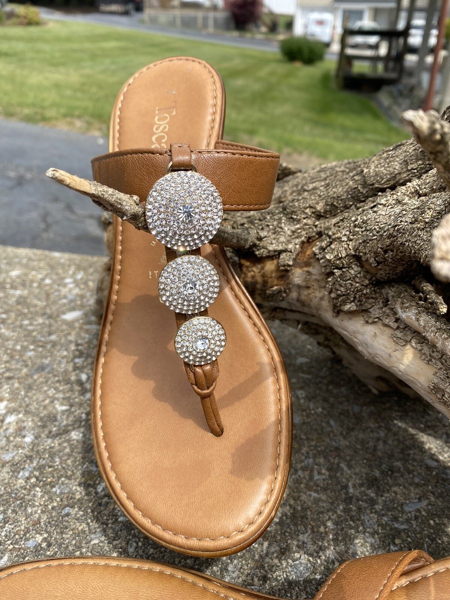 TOSCANELLA WOMEN'S BROWN THONG EMBELLISHED ITALY WEDGE SANDALS