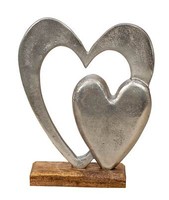 Moderne Skulptur Dekofigur Herz Aus Aluminium Auf Sockel Aus Holz Silber/Braun