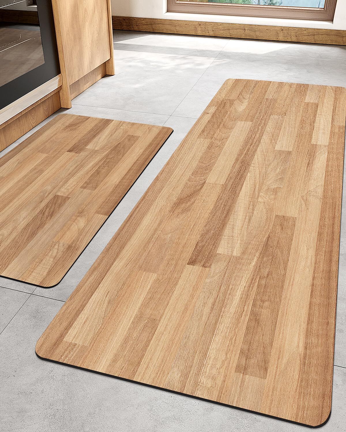 Teak-Like Wood Grain Kitchen Mat Set of 2 – Nonslip Quick-Dry Washable Waterproof Floor Rug