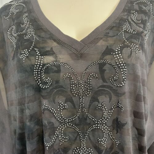 Miss Me Mulberry Silk Gray Stripe Sheer Embellished Top Womens Medium - Picture 3 of 7