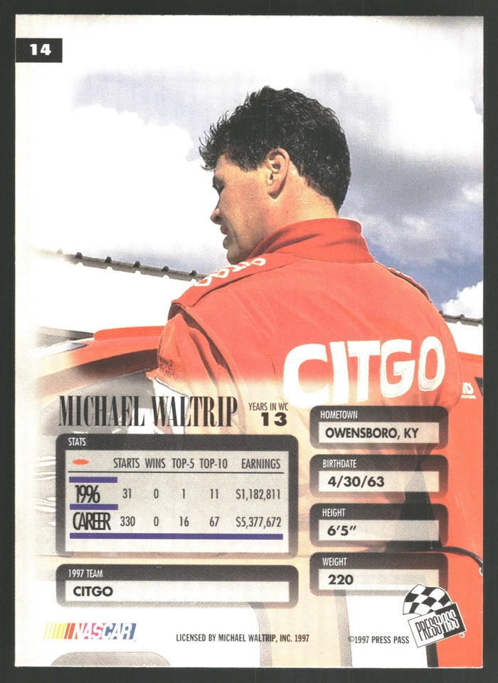 Michael Waltrip 1997 Press Pass Premium #14 Wood Brothers Racing - Image 2 of 2