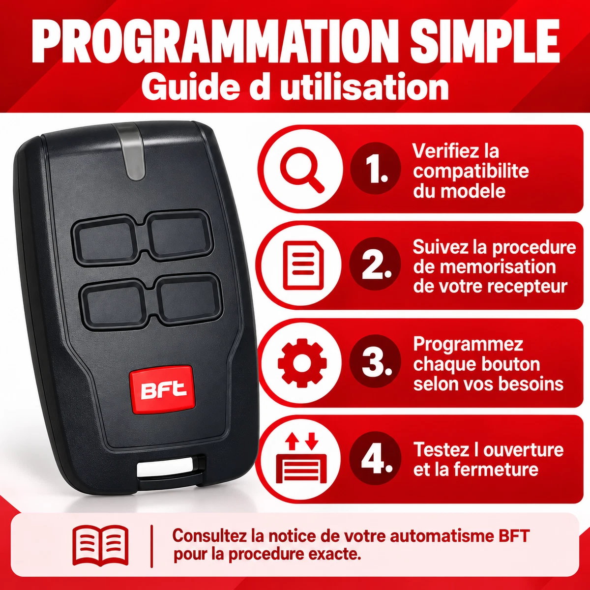 Télécommande 433.92Mhz pour Portail BFT MT B RCB4 4 Canaux Rolling Code 2PCS