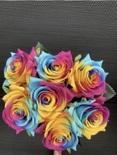 7 RAINBOW 🌈 ROSES Bouquet Realistic Artificial Flower Wedding Pride Parade LGBT