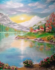 Art 16"/20" Sunset . Autumn In The Mountains Oil Painting, Landscape 