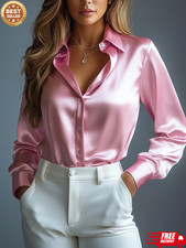 Women's Satin Shirts Elegant Plain Long Sleeve Blouse Office Lady Button-Up