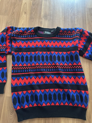 Vintage 90s Geometric Sweater Blue Red Black Aztec Tribal Knit Streetwear XL