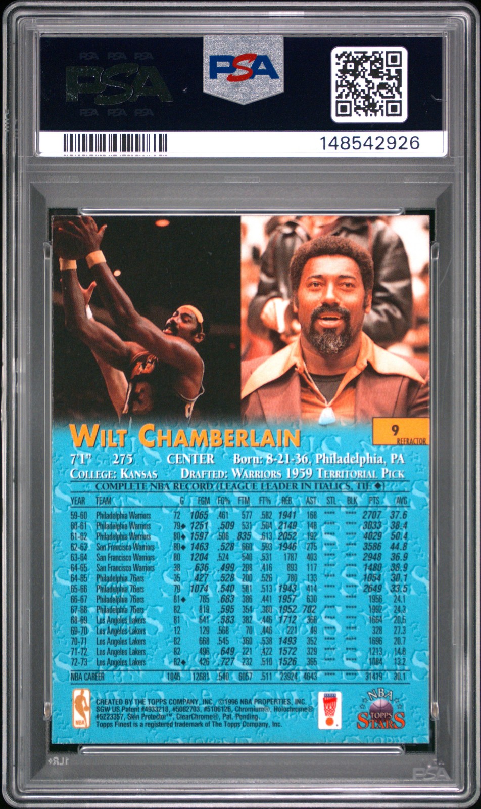 1996 TOPPS NBA STARS FINEST-REFRACTOR #9 WILT CHAMBERLAIN PSA 9 view 2