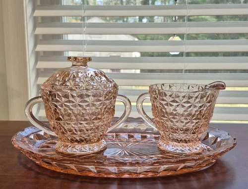 Vintage Jeanette Sugar Bowl And Creamer Set W/ Tray Pink Depression Glass