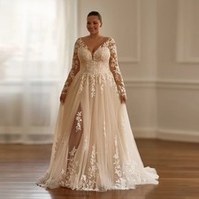 Lace Appliques Wedding Dresses for Women V-Neck Slit Full Sleeves Bridal Dresses