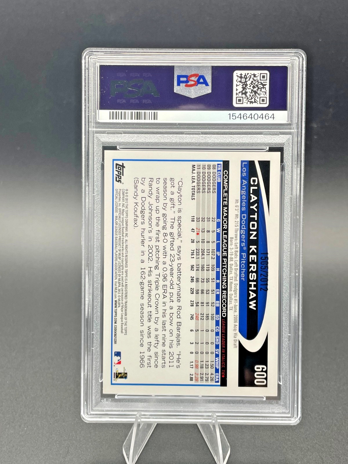 2012 TOPPS GOLD #600 CLAYTON KERSHAW 1505/2012 PSA 7 view 2