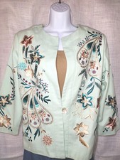 Indigo Moon Light Green Embroidered Floral Button Jacket Women s M 3/4 Sleeve