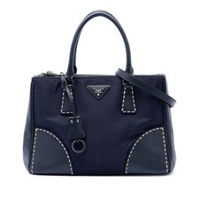 Prada Small Tessuto and City Calf Hand Stitched Galleria Double Zip Satchel Navy