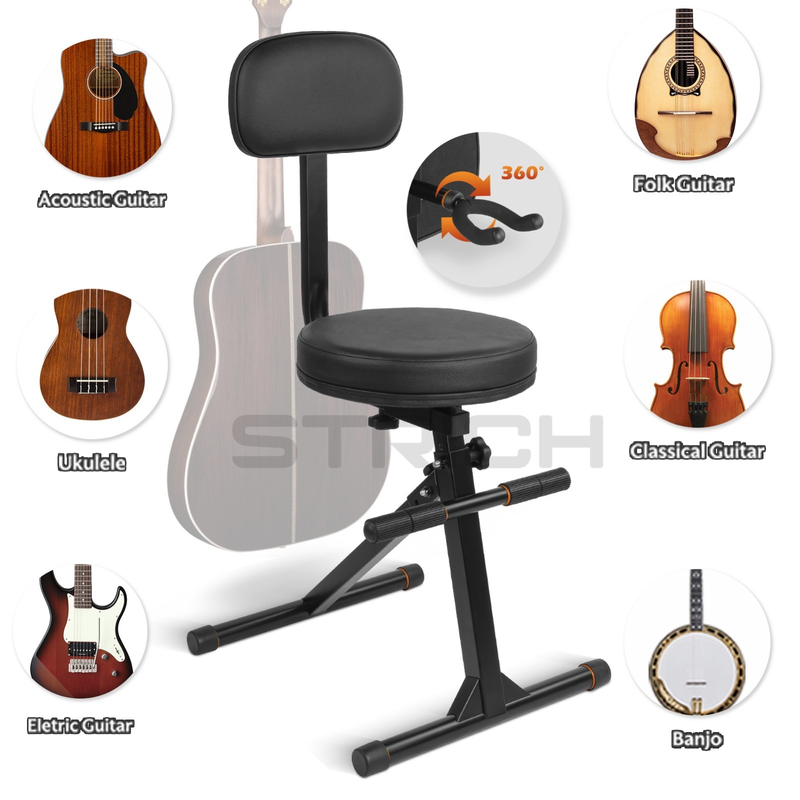 STRICH Adjustable Guitar Stool -Musician Chair Drum Throne w/ Backrest for Bass