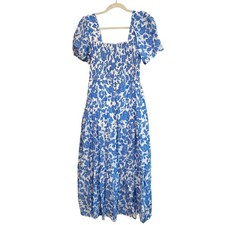 AUGUST SKY Blue White Floral Smocked Puff Sleeve Prairie Milkmaid Maxi Dress M