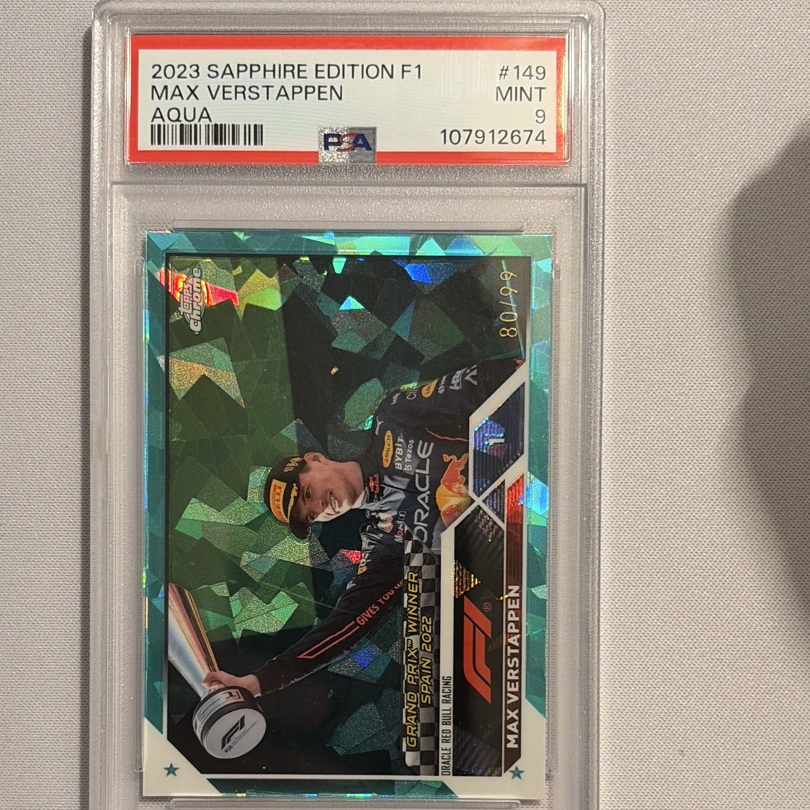 Topps 2023 Chrome Sapphire F1 Max Verstappen GP Winners #149 Aqua /99 PSA 9