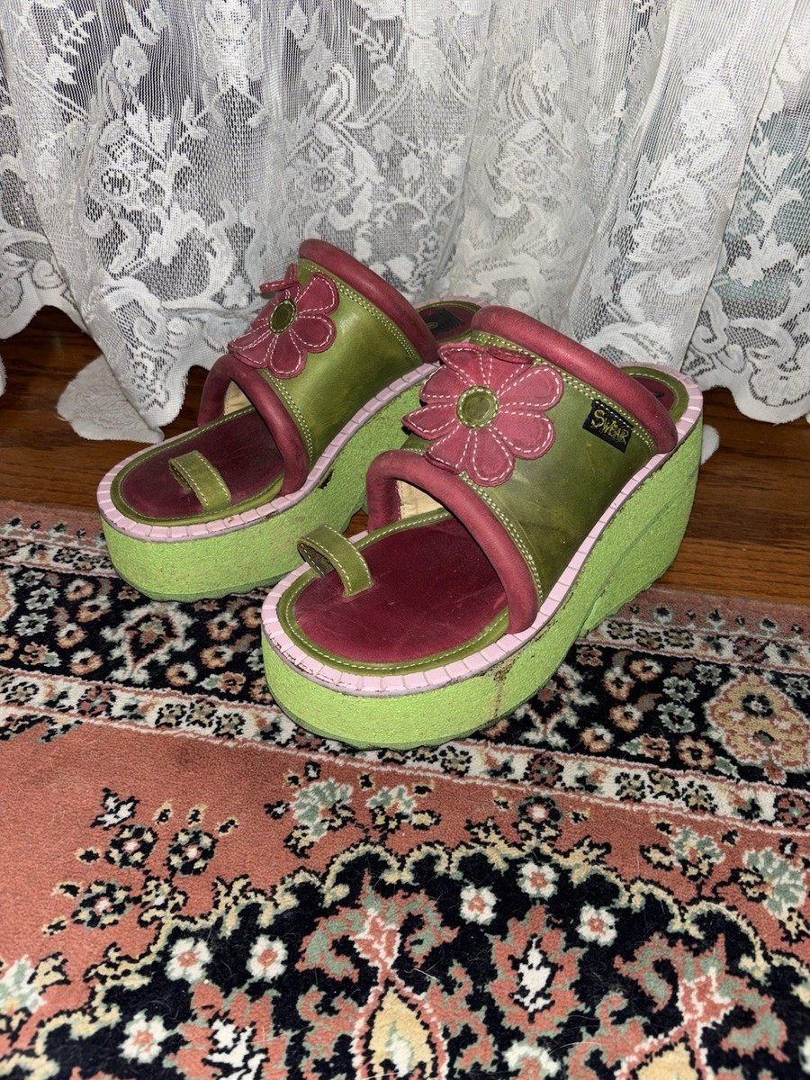 Swear Platform Wedge Slide Sandals Floral Slip-On Green Pink  display picture 1