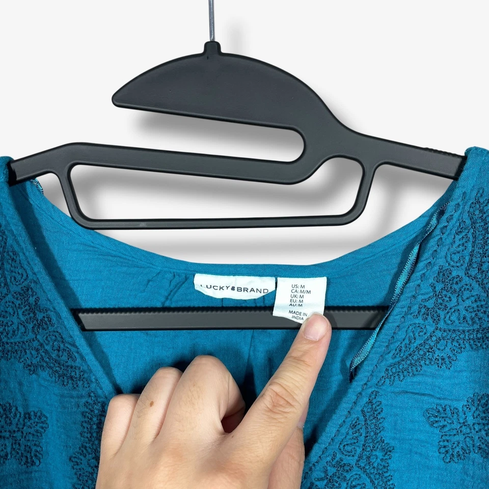 Lucky Brand Embroidered Midi Dress Womens M Blue Boho 3/4 Sleeve Drawstring - Image 3 of 4