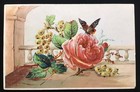 VTG EMBOSSED POSTCARD ~ VERANDA, GRAPES, PINK ROSE, BUTTERFLY, HAND CANCELLED — photo 1