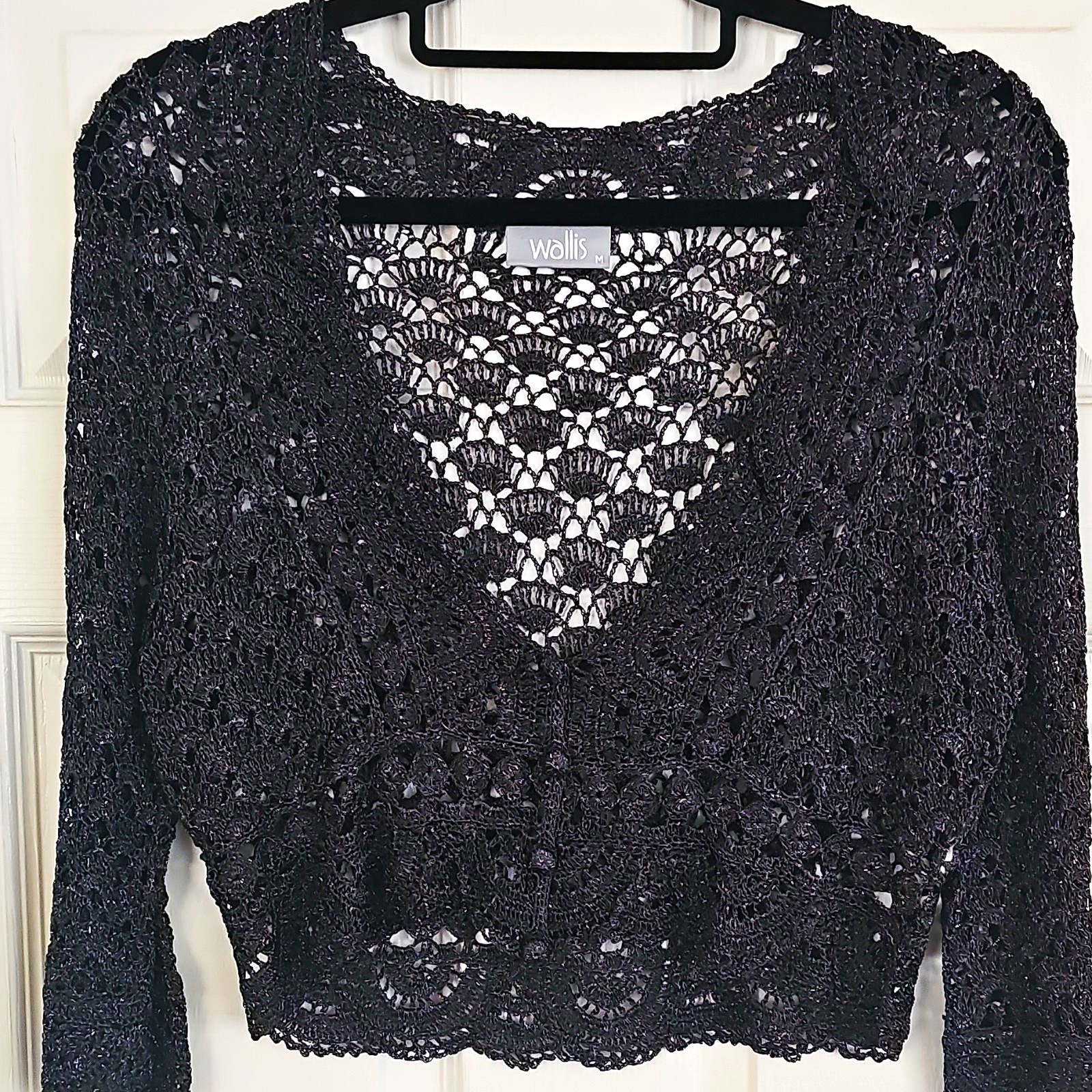 Charcoal open crochet knit cropped cardigan with button front