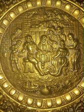 Vintage Embossed Brass wall charger decorative plate pub tavern scene 42 cm